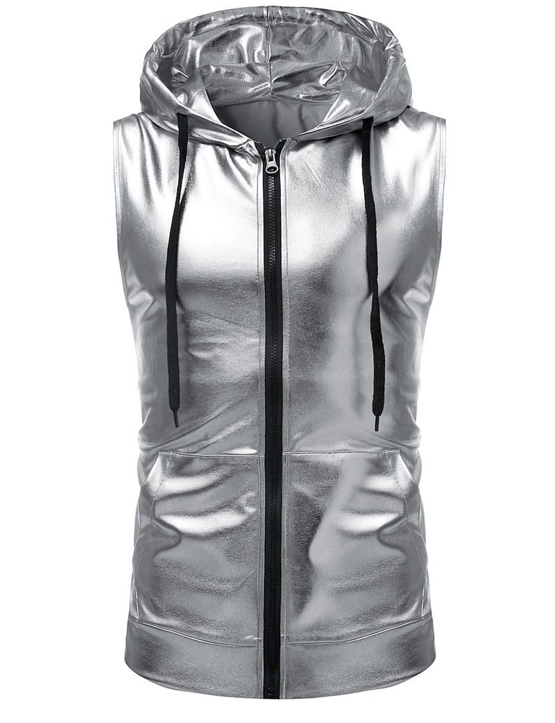 ZEROYAA Mens Hipster Metallic Zip Up Sleeveless Hooded Vest T Shirt with Kangaroo Pocket Z86 Silver Large - Image 1